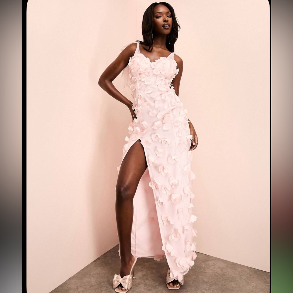 ASOS Luxe Pink 3D Floral Appliqué Tie Shoulder Maxi Dress